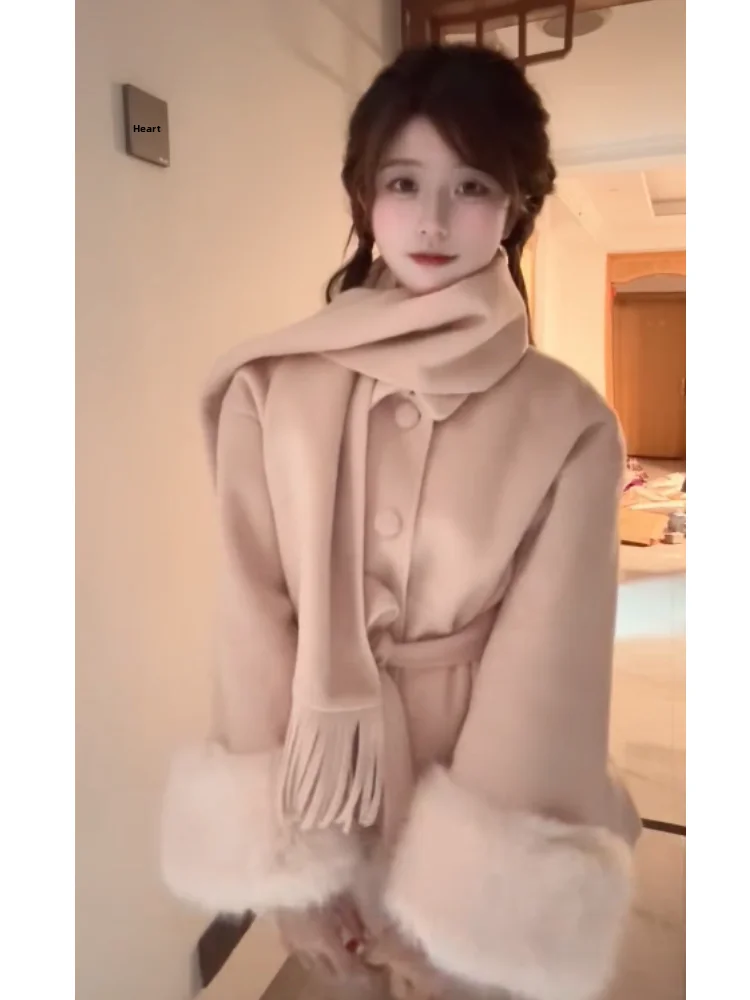 

Розовое шерстяное женское пальто для осени и зимы, модное, утепленное, с длинными рукавами и отложным воротником