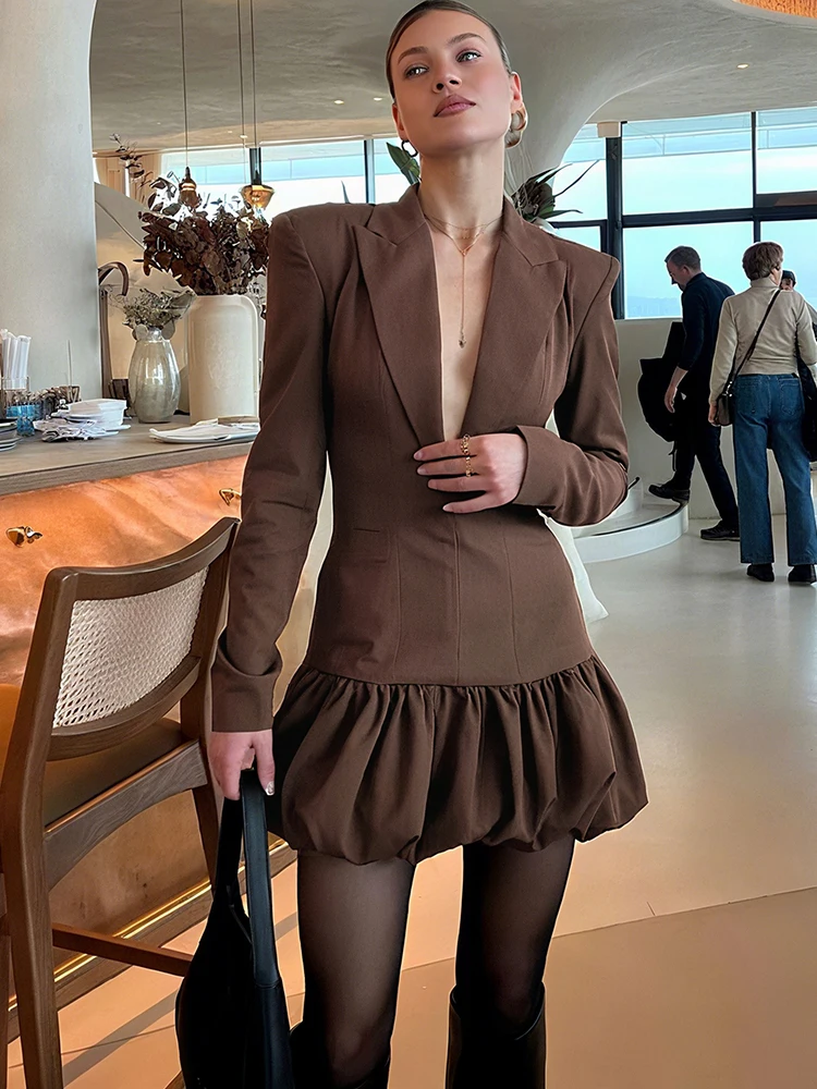 Sukienka mini Sisterlinda z głębokim dekoltem w serek, damska, z klapami, z poduszkami na ramionach, patchworkowa, marszczona, z długim rękawem, seksowna, elegancka, dopasowana, biurowa, typu bodycon.