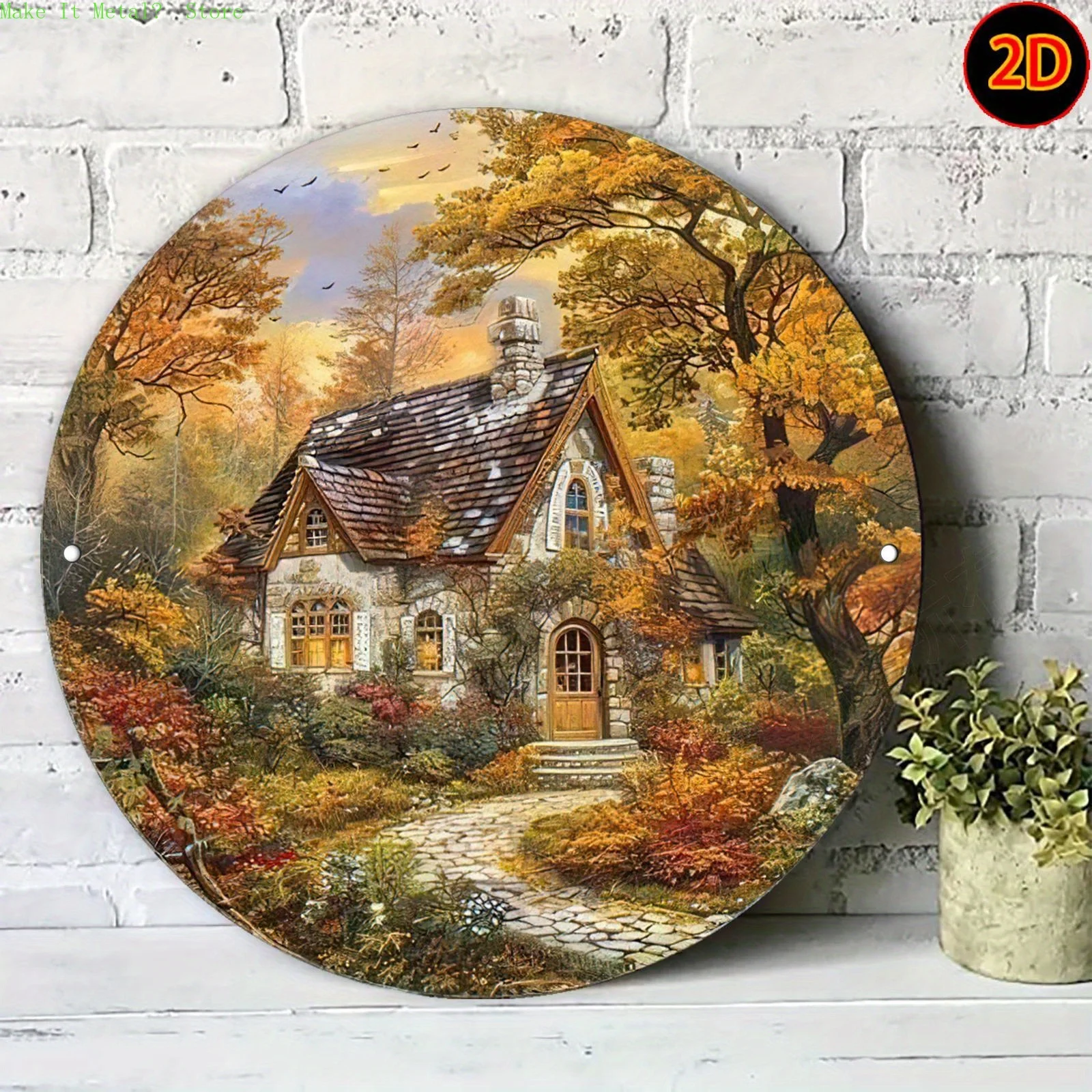 Herbstliches Waldhütchen 2D Flaches Rundes Metallschild - Herbstliche Waldlandschaft Wanddekoration für Zuhause und Hütte