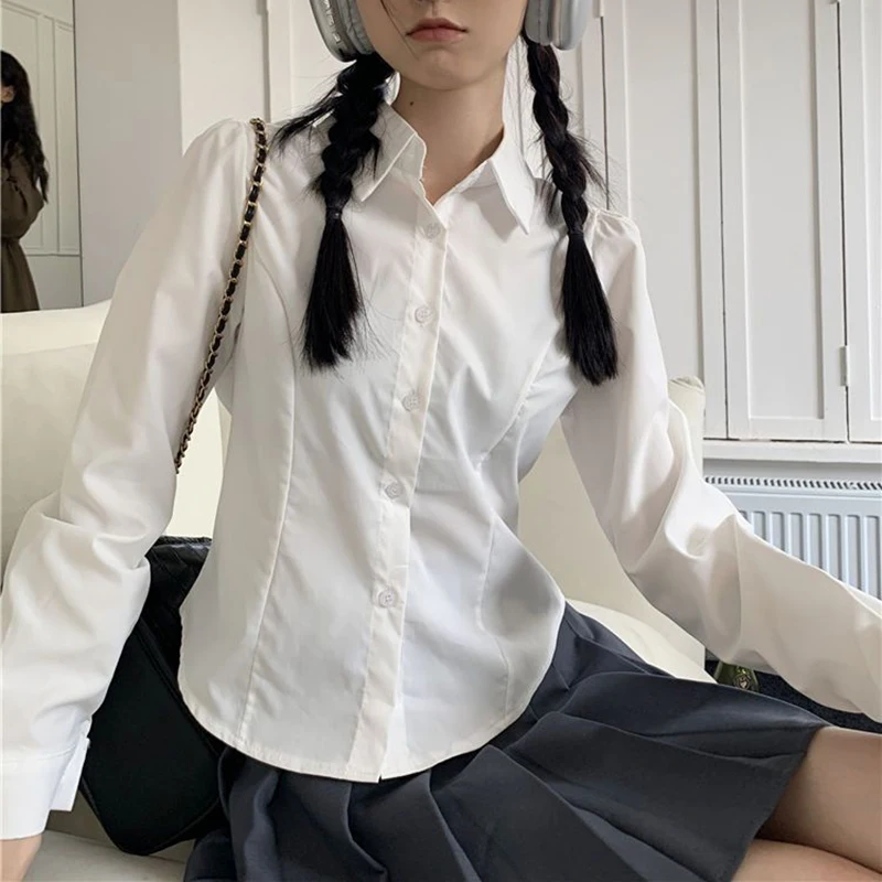 Women's White Shirt Korean Preppy Style Long Sleeve Turndown Collar Blouse Woman 2026 Botton-Up School Uniform Jk Shirts Girls