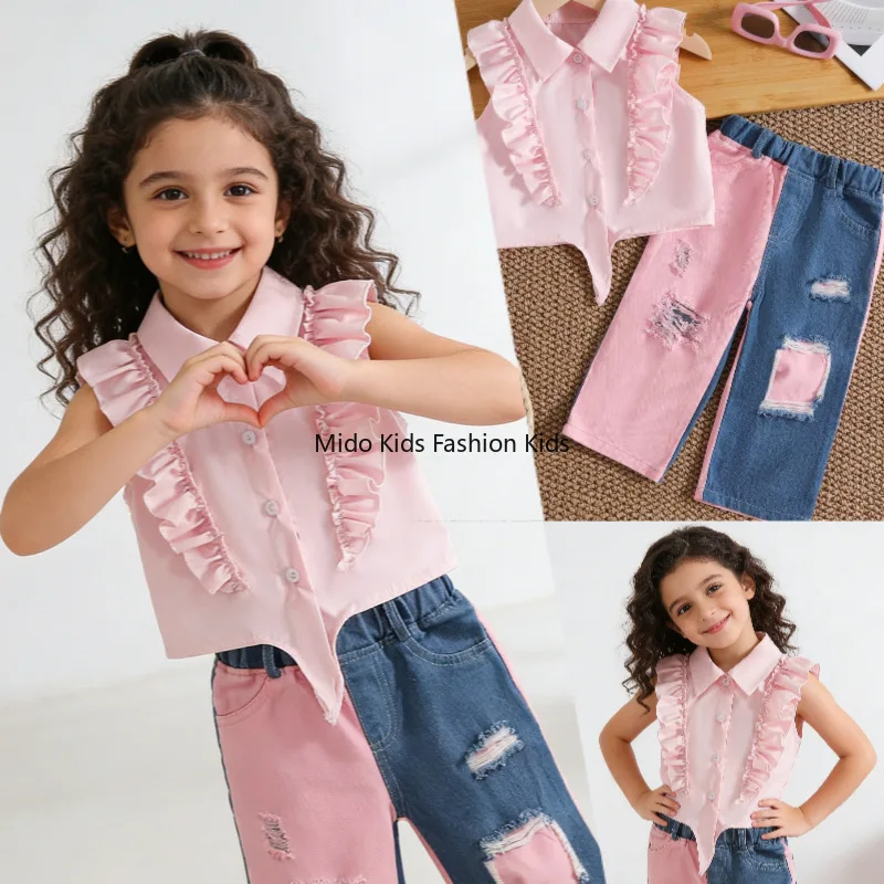

26 Spring Summer New Arrival Kids Girls Pink Lapel Sleeveless Shirt Color Block Ripped Jeans 2PCS Fashion Children Clothing Set