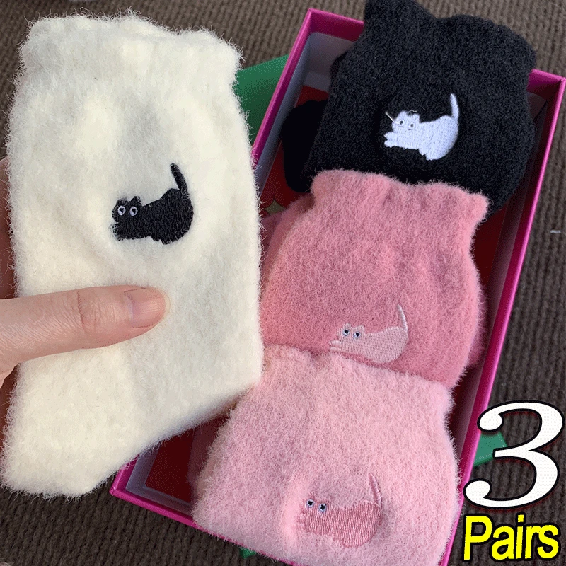 Mink Plush Socks Women Girl Winter Cute Cat Print Soft Warm Fluffy Soft Warm Middle Tube Sock Home Indoor Sleeping Slippers Sock