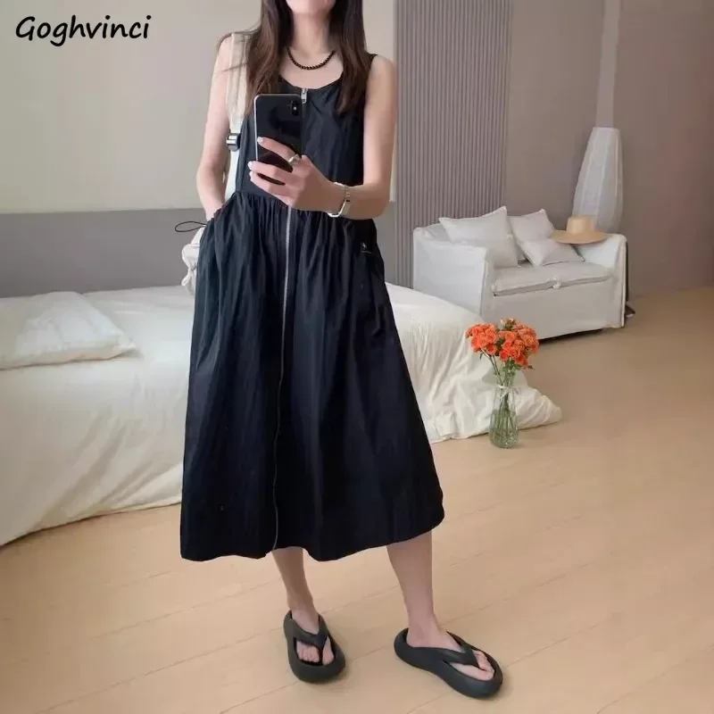 Summer Zipper Design Dresses Women High Street Vintage Cargo Style Loose Slouchy Trendy Sleeveless Streetwear Vestidos Young