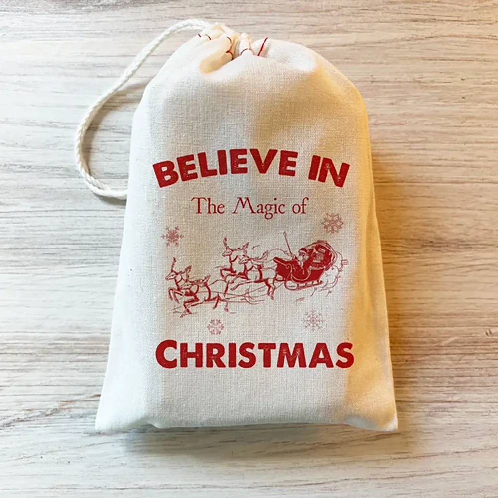 

5Pcs Believe in the Magic of Christmas drawstring bags Winter Holiday Gift Bag New Year accessory Santa Claus supply elk sleigh