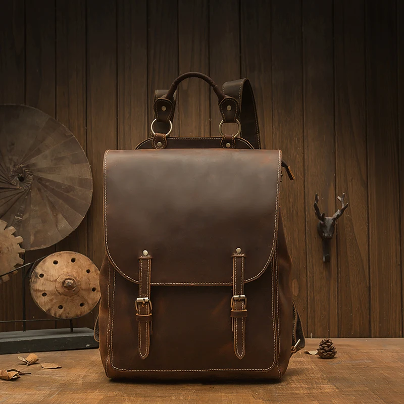 

Handmade Vintage Genuine Leather Backpack Male High Quality Laptop Bag Retro Cowhide Leather Large Space Casual Travel Rucksack