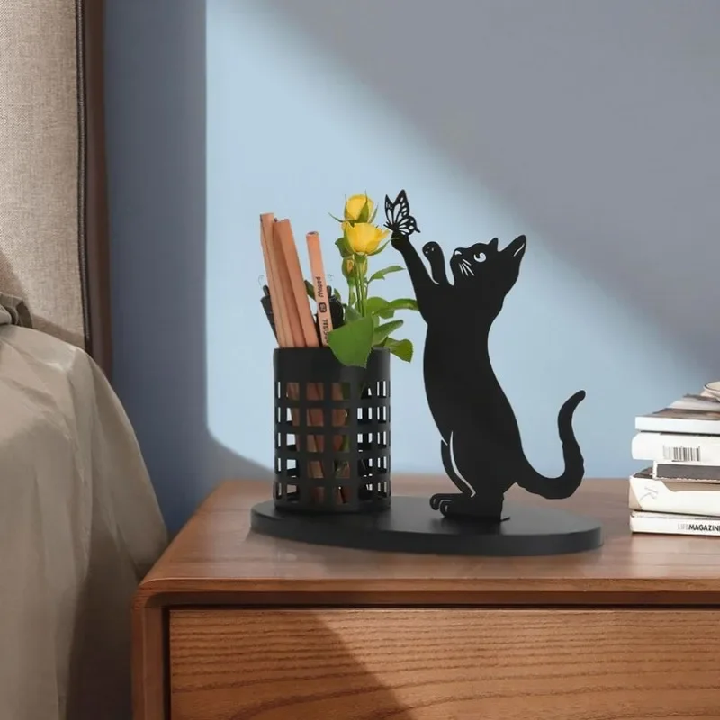 Cute Pen Container Black Portable Large Capacity Cat Pen Holder  Metal Iron Pen Pencil Holder Organizer Desk Accessories