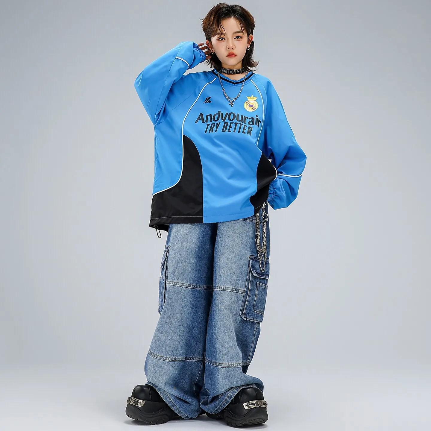 

Kid Kpop Hip Hop Clothing Blue Jersey Sweatshirt Denim Blue Casual Jeans Cargo Pants for Girl Boy Street Dance Costumes Clothes