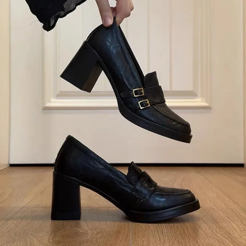 الانزلاق على كتلة كعب حذا فردي للسيدات جديد ساحة تو عميق الفم حزام مشبك عدم الانزلاق عالية الكعب للخريف