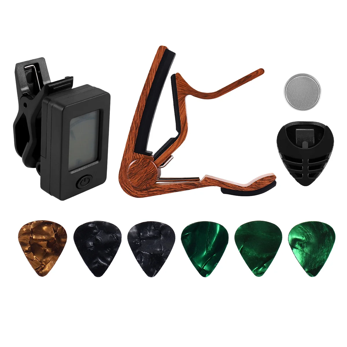 Guitar Capo Tuner Fit for Ukulele Violin Electric Bass Acoustic Guitar with Picks and Pick Holder Guitar Accessories