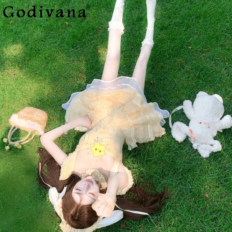 Doce bowknot vestido de pescoço quadrado para mulheres estilo japonês manga voadora com vestido de renda feminino verão princesa vestido bonito