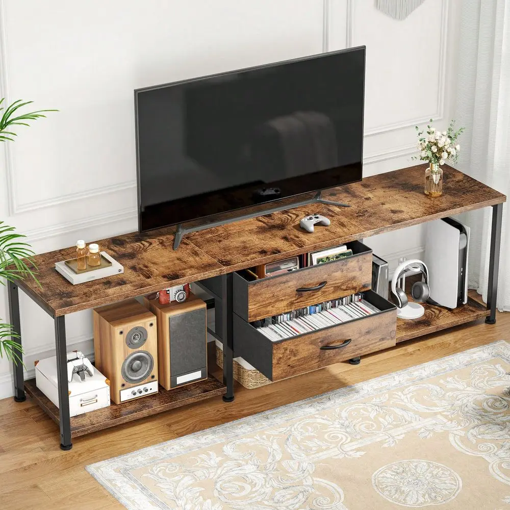 

LED TV Stand With 2 Fabric Drawers 2 Open Storage Shelves, TV Console MultiFunctional Storage Cabinet For Living Room, Easy To