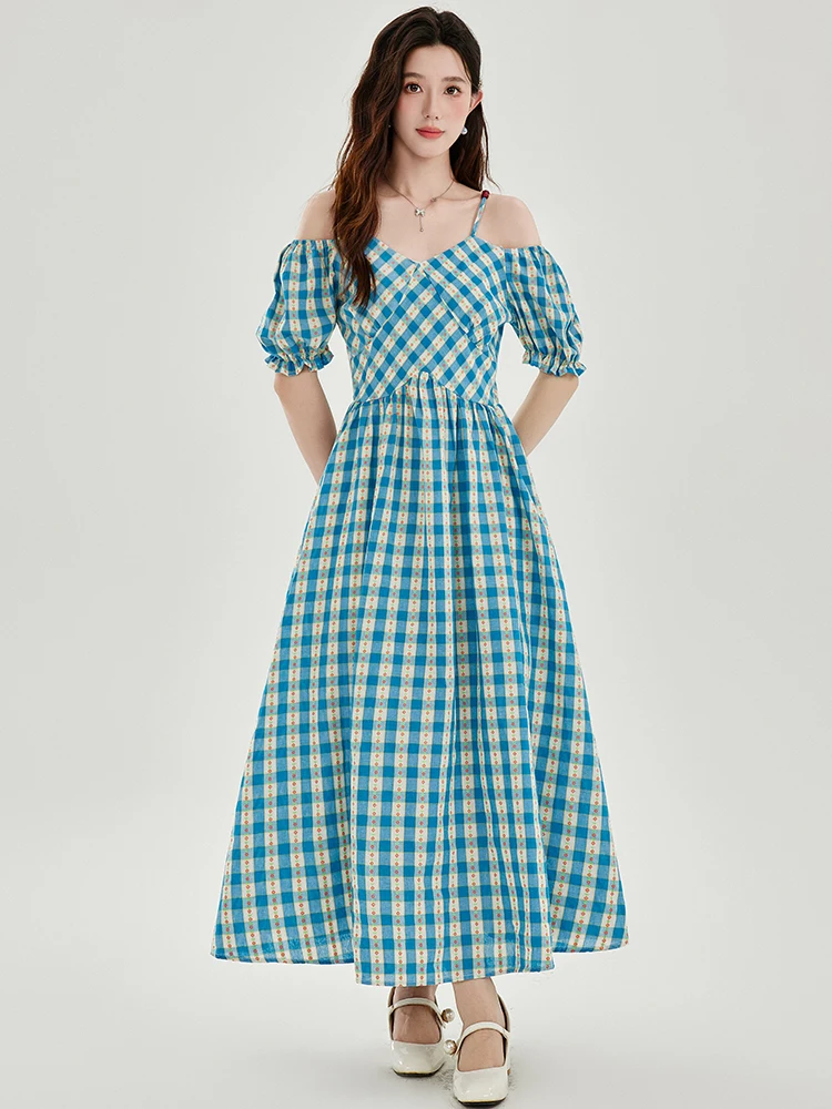 

French Vintage Blue Plaid Midi-length Dress For Women Elegant Off Shoulder Bubble Sleeve Slim Long Dress