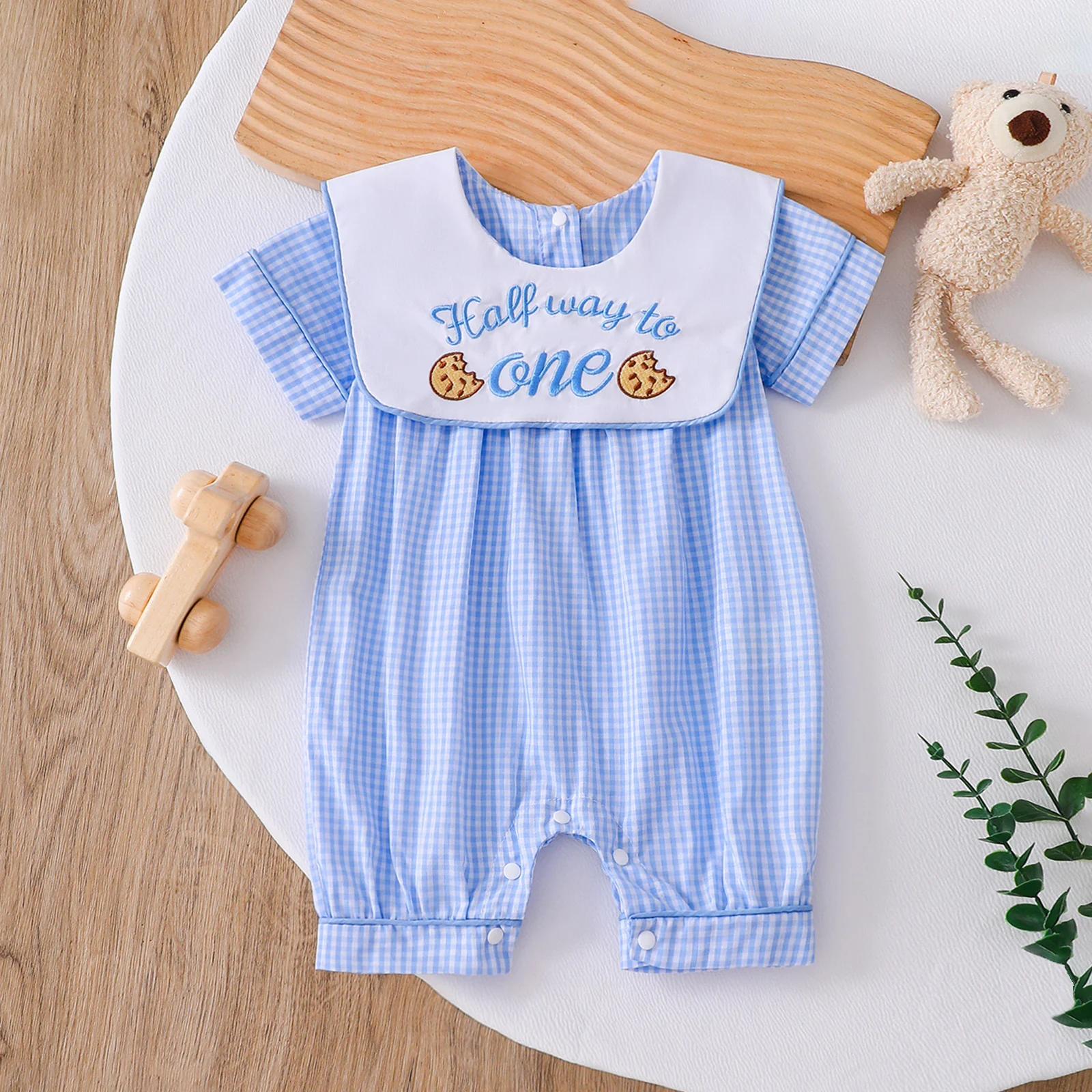 

Summer Baby Boys Half Way To One Romper Blue Gingham Cookie Embroidery Short Sleeve Infant Half Birthday Jumpsuit