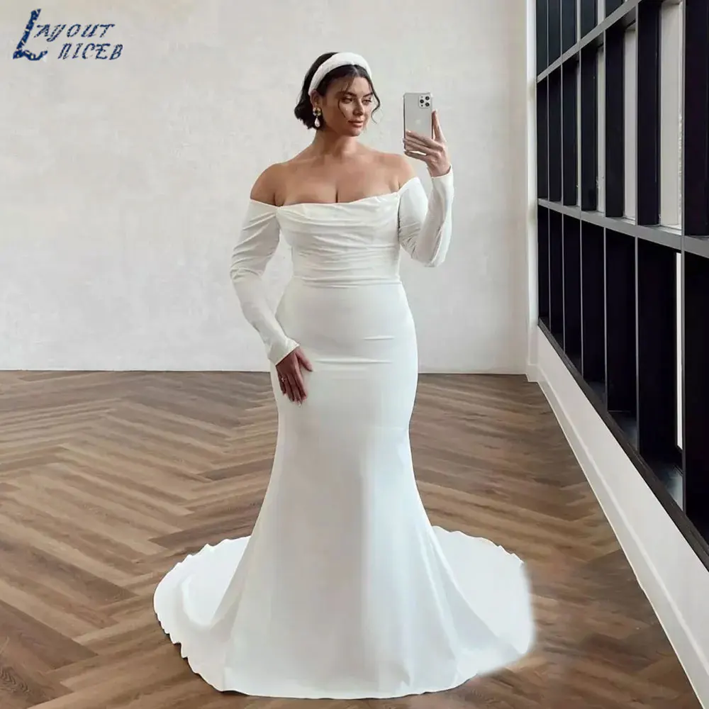 LAYOUT NICEB Classic High Quality Plus Size Wedding Dresses Elegant Boat Neck Full Sleeves Bride Gowns Mermaid Vestidos De Noiva