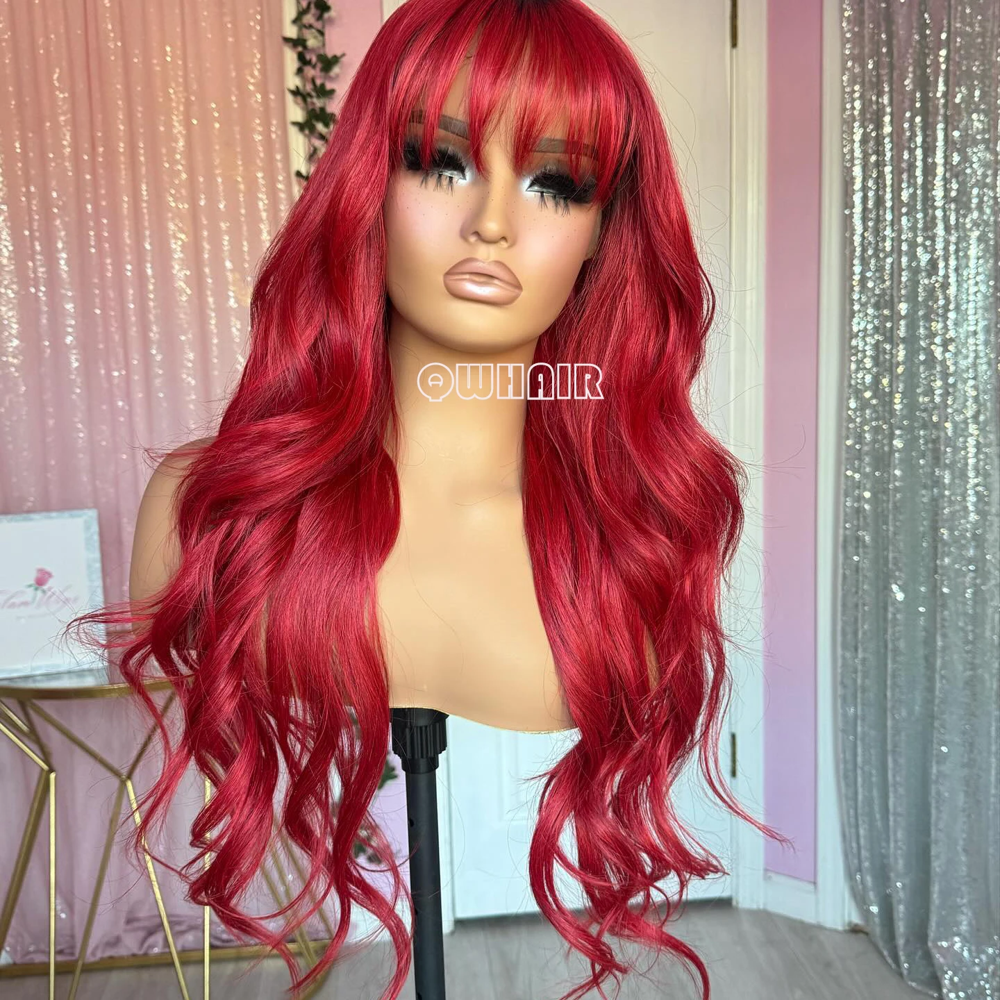 QW Synthetic Hair Red Bangs 13X4  Body Wave Soft  Lace Front Wig For Women Hair Heat Resistant Fiber Cosplay  Daily