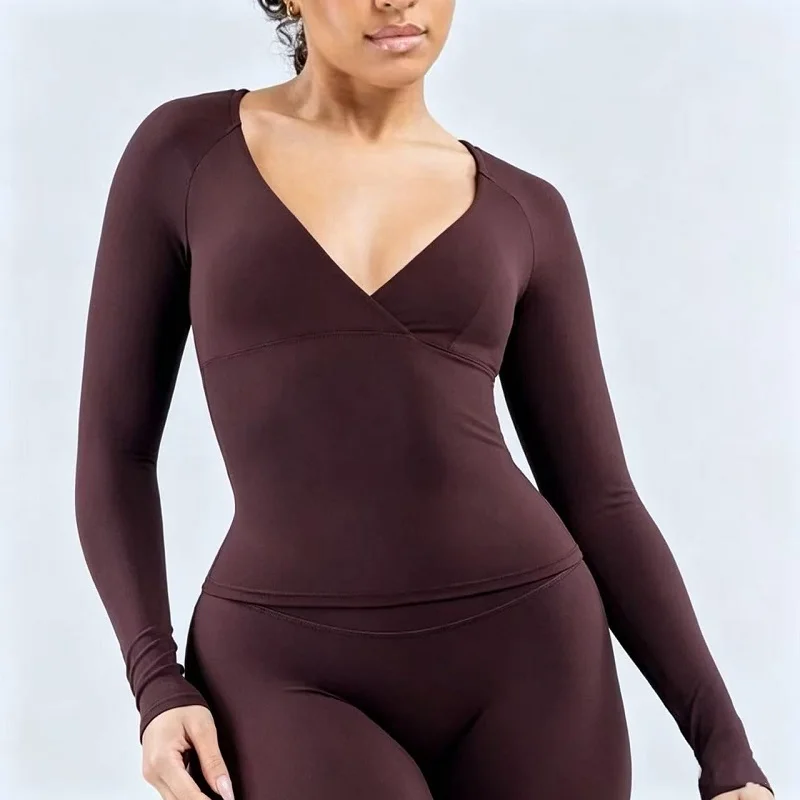 Gym Top Women V Neck Wrap Long Sleeve Top Seamless Slim Fit Shaper T‑shirt Soft Stretchy Workout Blouse Yoga Workout Daily Wear