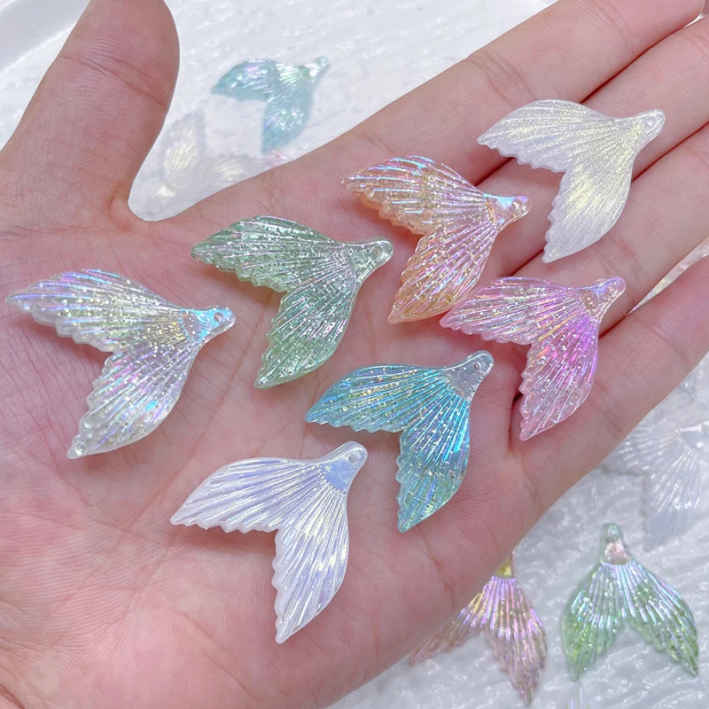 100PCS Glitter Laser Fish Tail 27X31MM Resin DIY Phone Case Hair Accessories Handicrafts Decorative Materials