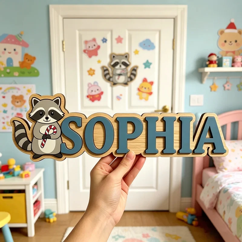 Whimsical Raccoon & Candy Cane Name Sign for The Dearest Baby, Custom Wooden Door Hanging, Cute Holiday Kids Gift