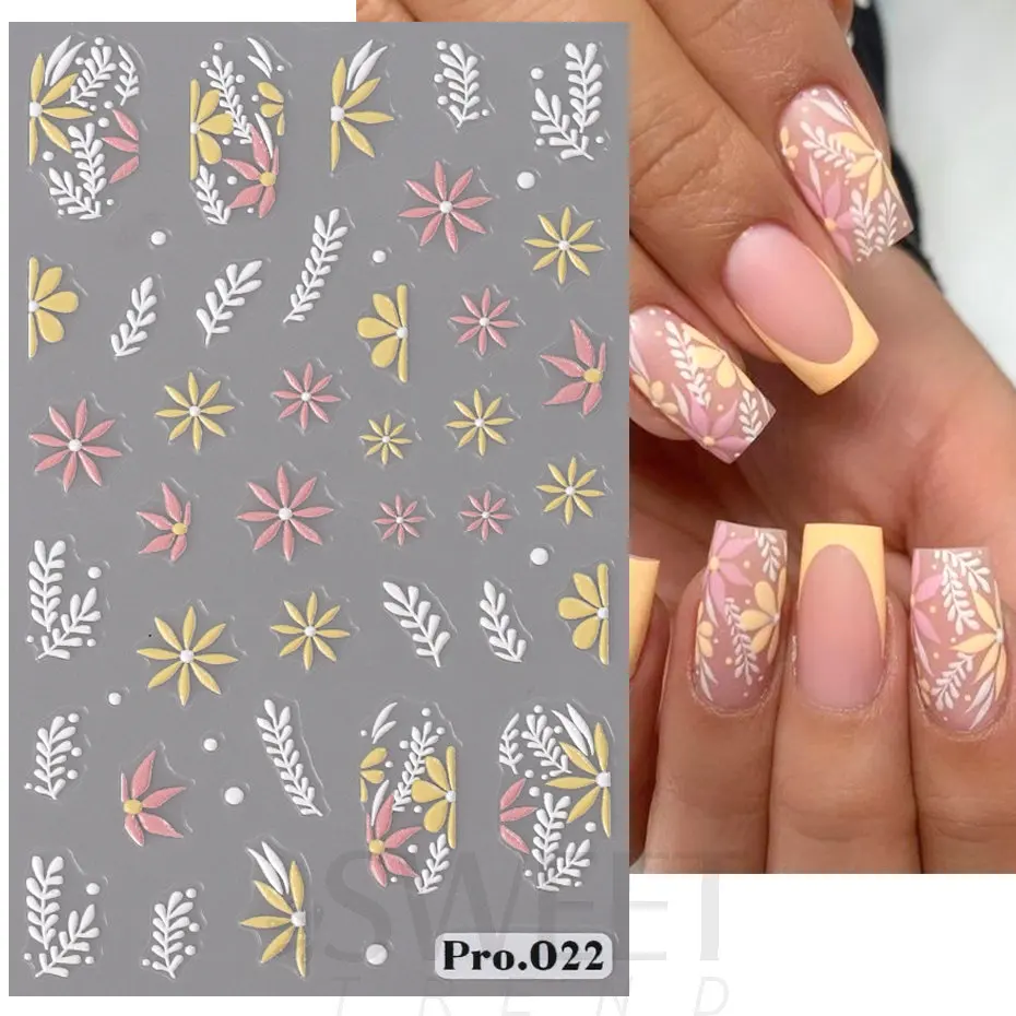 Daisy Flowers 5D Embossed Nail Stickers French Manicure Floral Petals Maple Leaf Print Summer Boho Detal Slider Nail Decoration