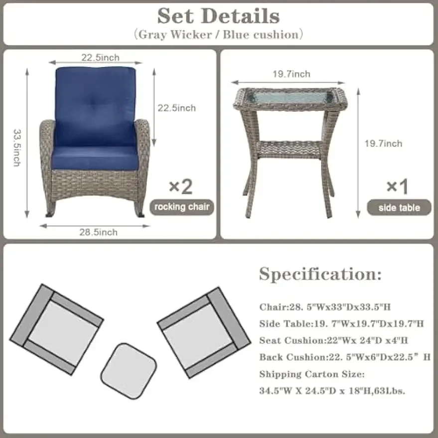 3-Piece Patio Rocking Chairs Set - 2 Wicker Outdoor Rockers with Side Table & Water-Resistant Cushions for Porch/Balcony