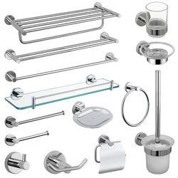 Bathroom Accessories Chrome Polished Toilet Brush Holder Towel Bar Rack Soap Dish Glass Wall Shelf Hook Toilet Paper Holder SUS