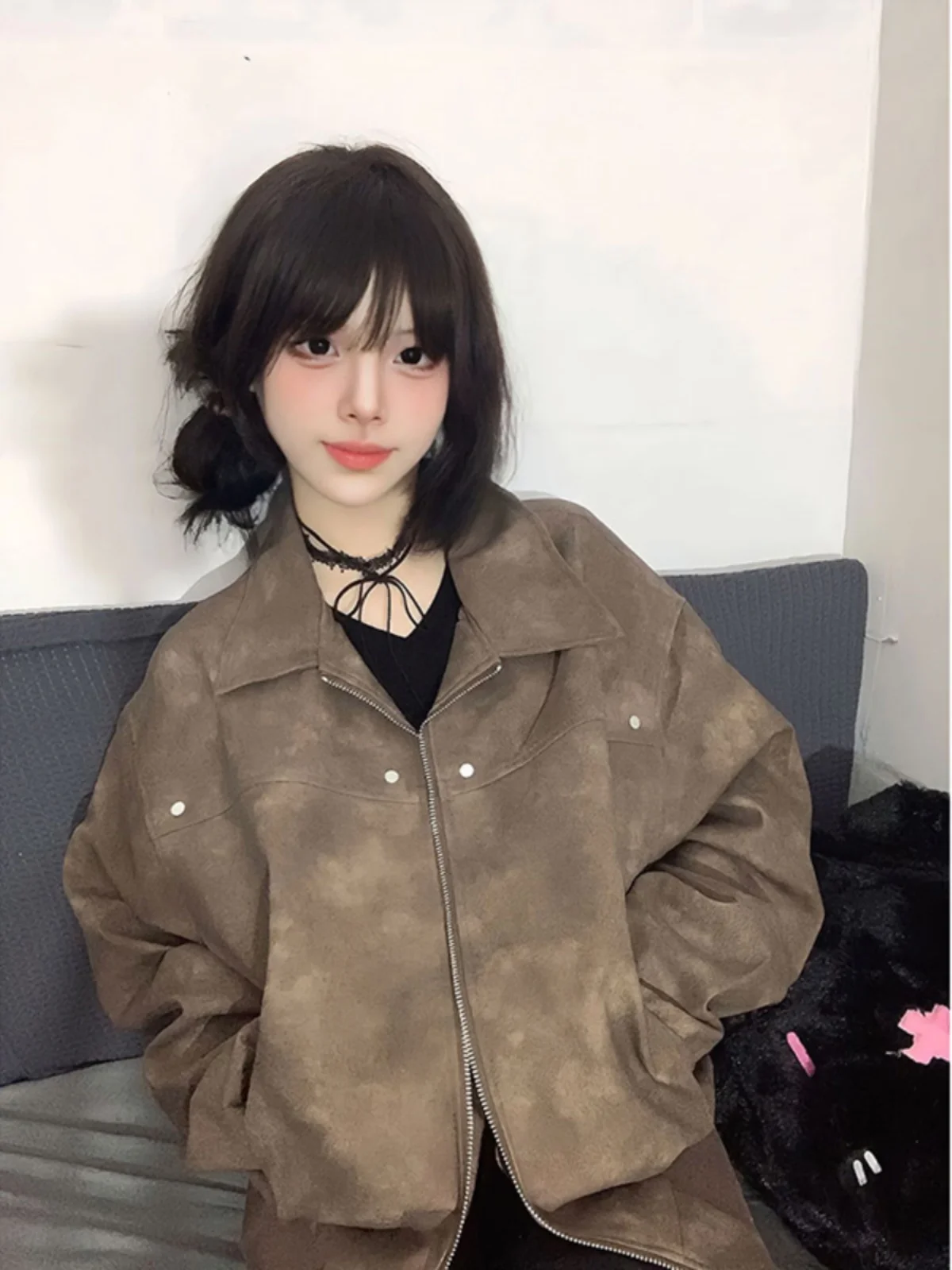 

Browan Leather Jaet Men's Sle ort Baseball Coat Autumn Faion Retro High-End Feeling Cool ort Leather Jaet