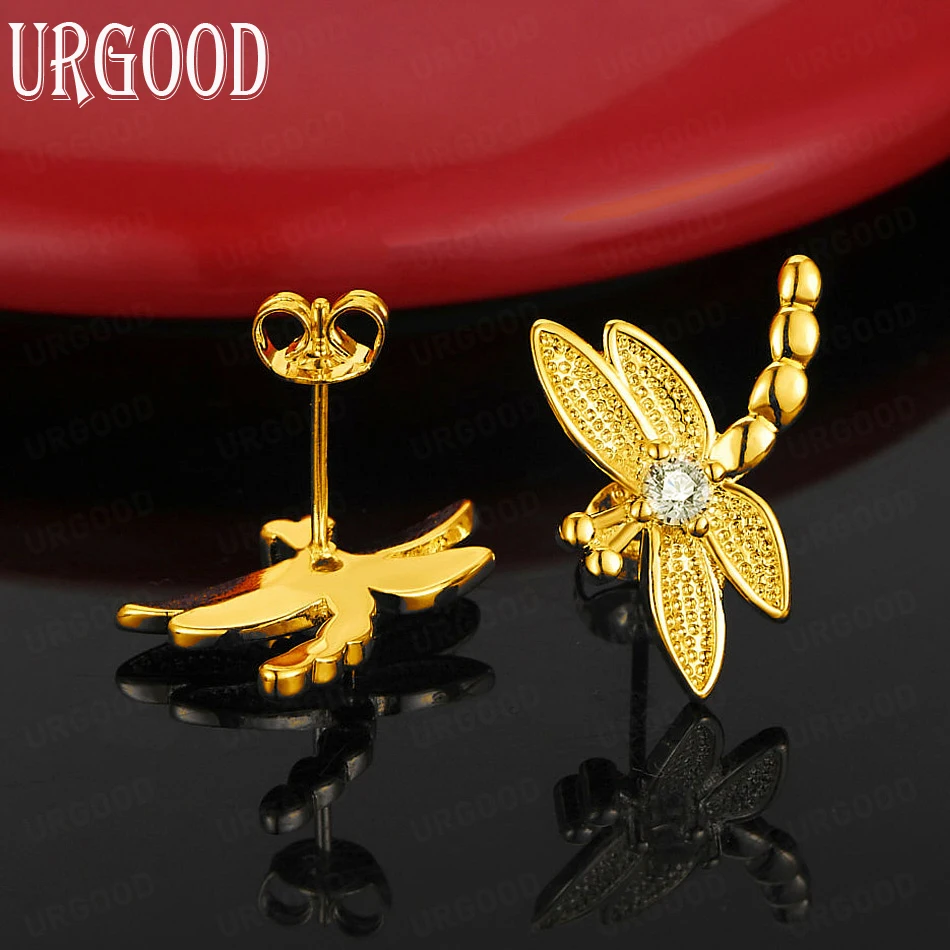 

925 Sterling Silver 18k Gold AAA Zircon Dragonfly Earrings For Women Party Engagement Wedding Fashion Jewelry Gift