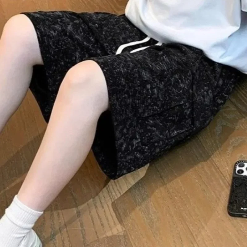 Pantalones cortos de gran tamaño para hombre, pantalones cortos largos holgados de talla grande para hombre, pantalones cortos Cargo con múltiples bolsillos, cintura media elástica, Bermudas negras holgadas nuevas