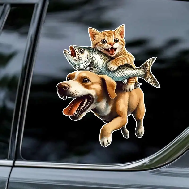 Funny Cat Riding Dog Car Sticker Waterproof Vinyl Decal on Bumper Rear Window Laptop Self-adhesive Decal For Car Accessories