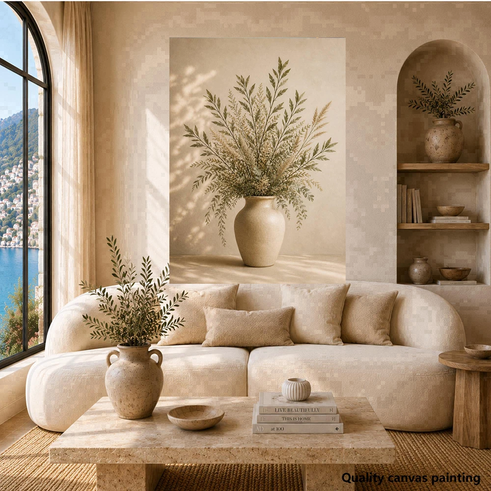 Frameless Canvas Wall Art Print - Coastal Landscape, Turquoise Sea, White Buildings, And Vibrant Red Flowers - Suitable for Livi