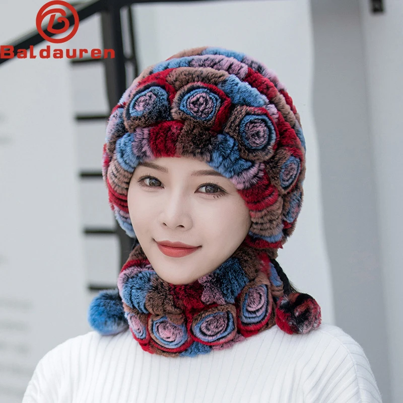 

New 2024 Women Warm Rex Rabbit Fur Hat Scarf Sets Winter Lady Knit Fur Hats Muffler 2 Pieces Natural Rex Rabbit Fur Cap Scarves