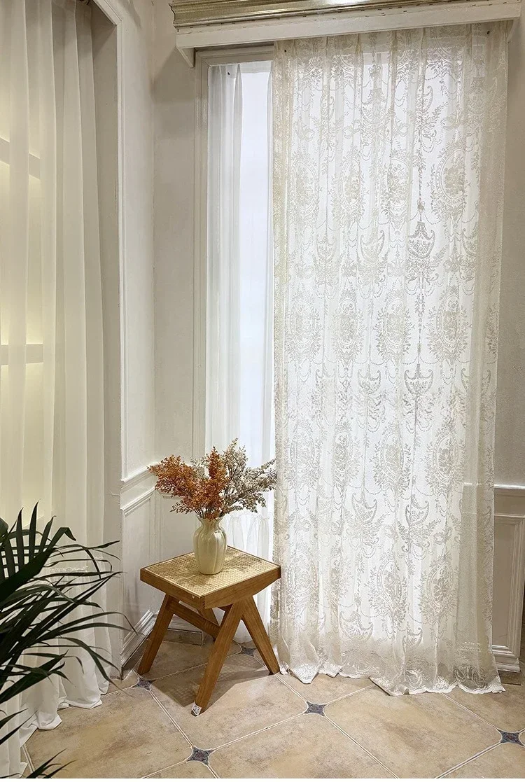 Custom Size European Fashion Elegant Sheer Curtain High Quality Spring Wire Base Lace Jacquard Curtain for Balcony Living Room