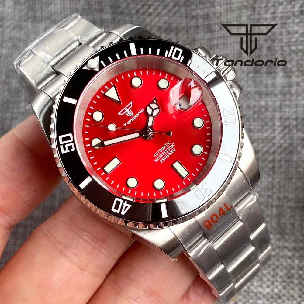 Tandorio NH35A Red Sunburst Dial 40mm Fashion Stainless Steel 200M Dive Automatic Watch for Men Rotating Bezel Sapphire Date