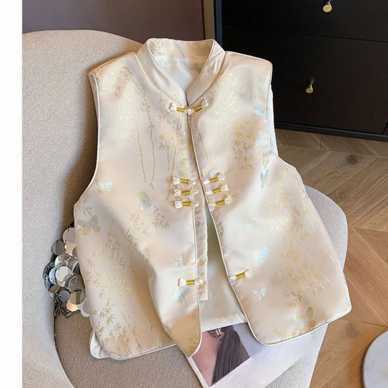 2025 Spring Summer Women Clothes Sleeveless Chinese Style Vintage Beige Floral Butterfly Vest Coat , Woman Vests Coats
