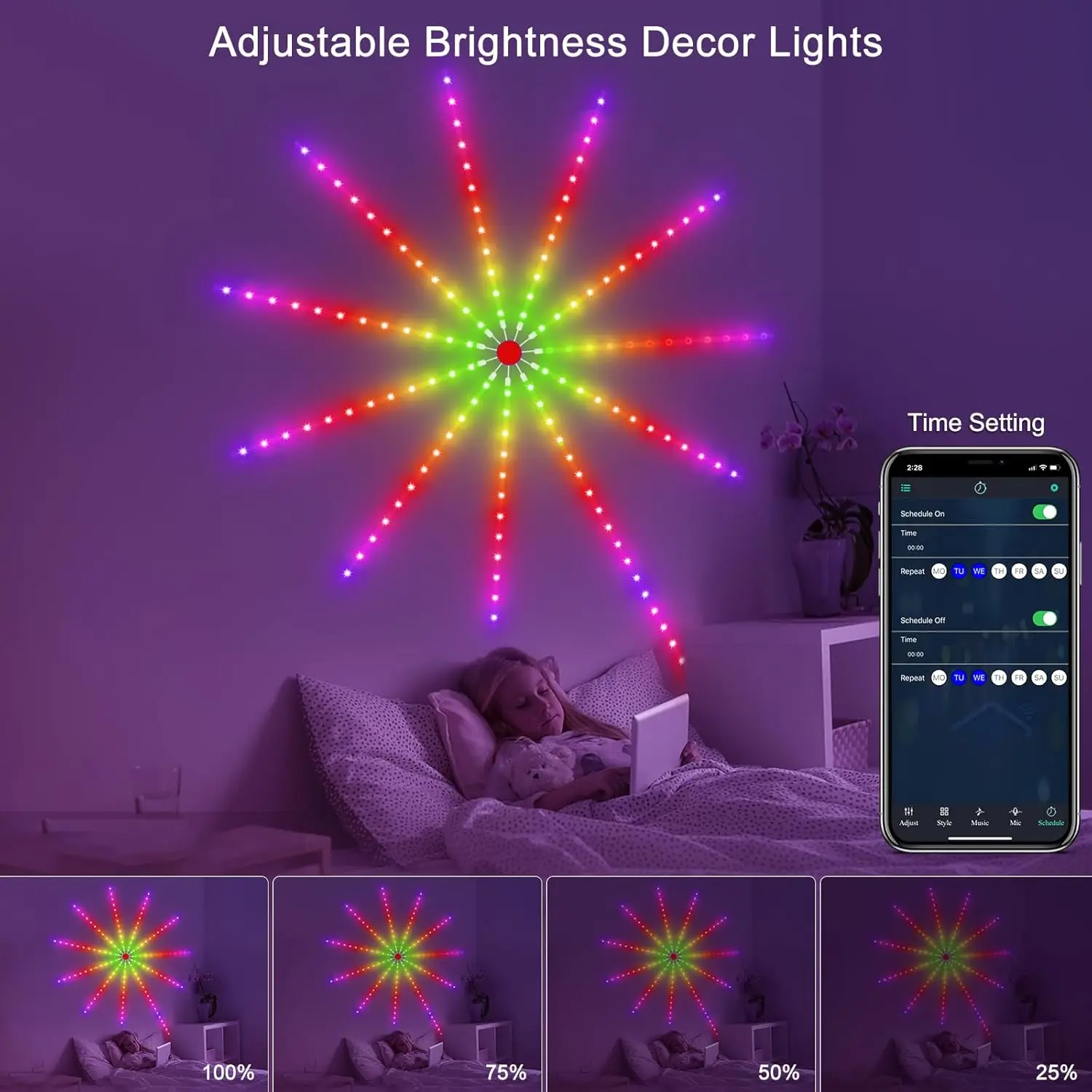 Rgbic fogo de artifício led luz de tira bluetooth inteligente néon tira app luzes led tiras usb 5v led tiras decoração festa natal
