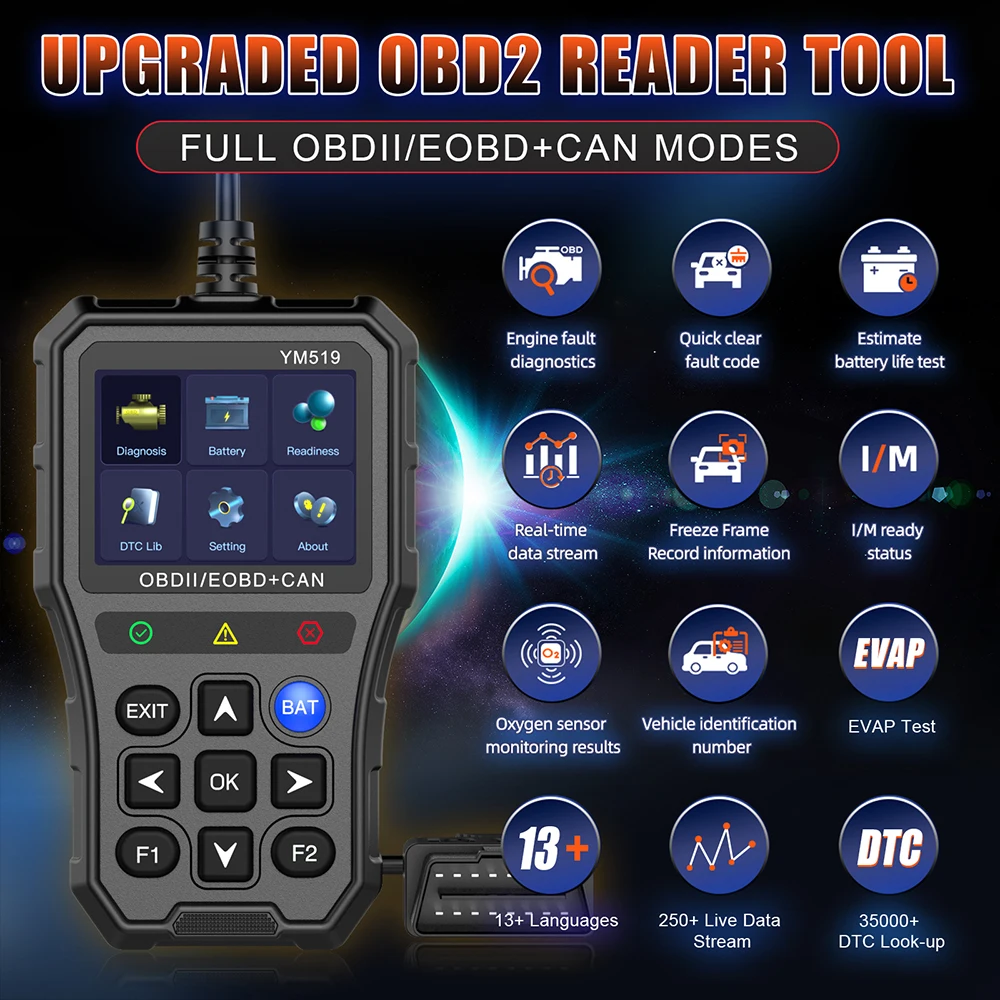 Fault Code Scanner YM519 Code Reader Multi-language Car Diagnostic Tool OBD2 Code Reader Check Engine System Battery Tester