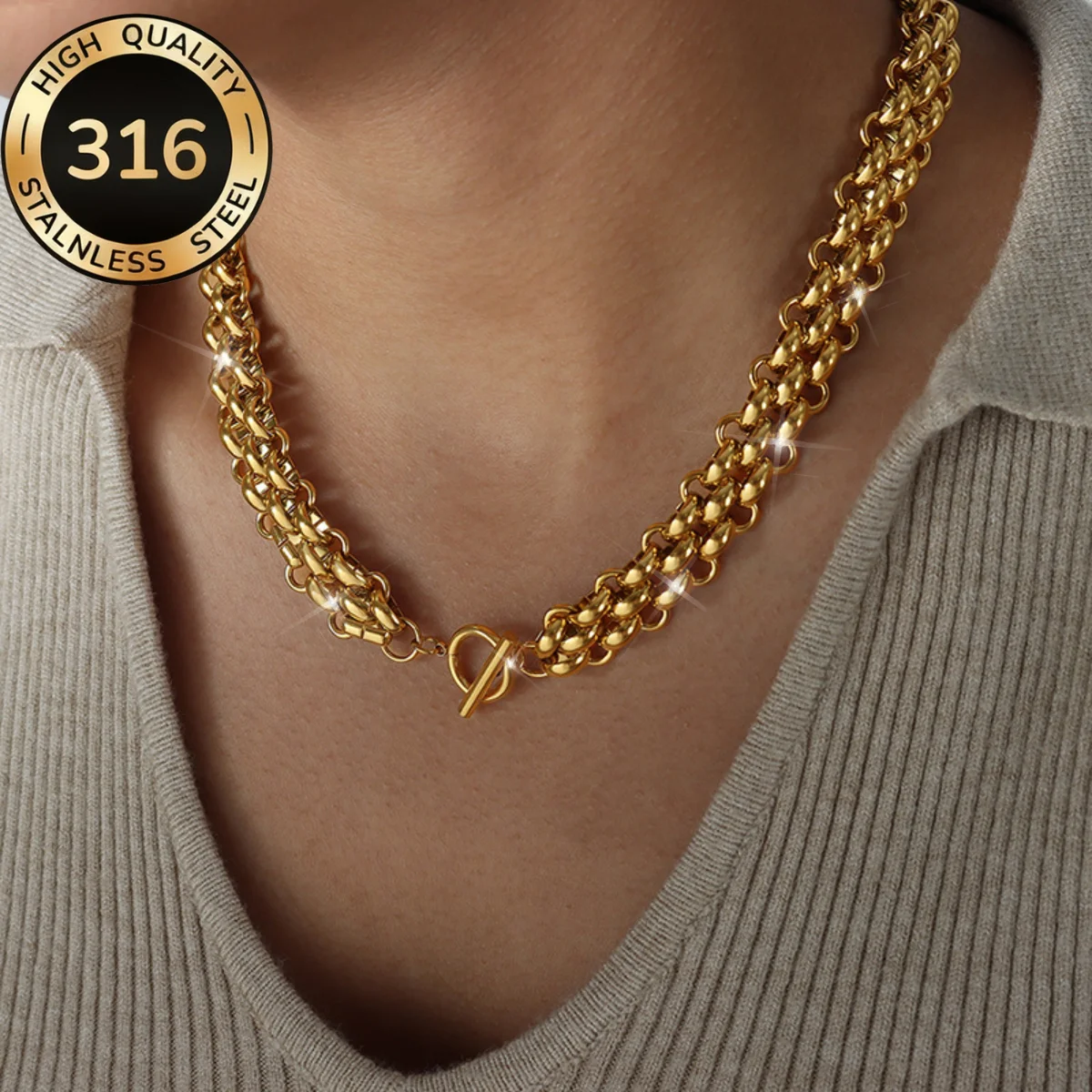 Sommerliche 13mm dicke massive Gliederkette für Damen und Mädchen, 18K vergoldete wasserdichte Punk-Halskette als Geschenk
