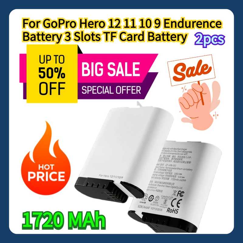 

2pcs For GoPro Hero 12 11 10 9 Endurence Battery 3 Slots TF Card Battery 1720 MAh Battery