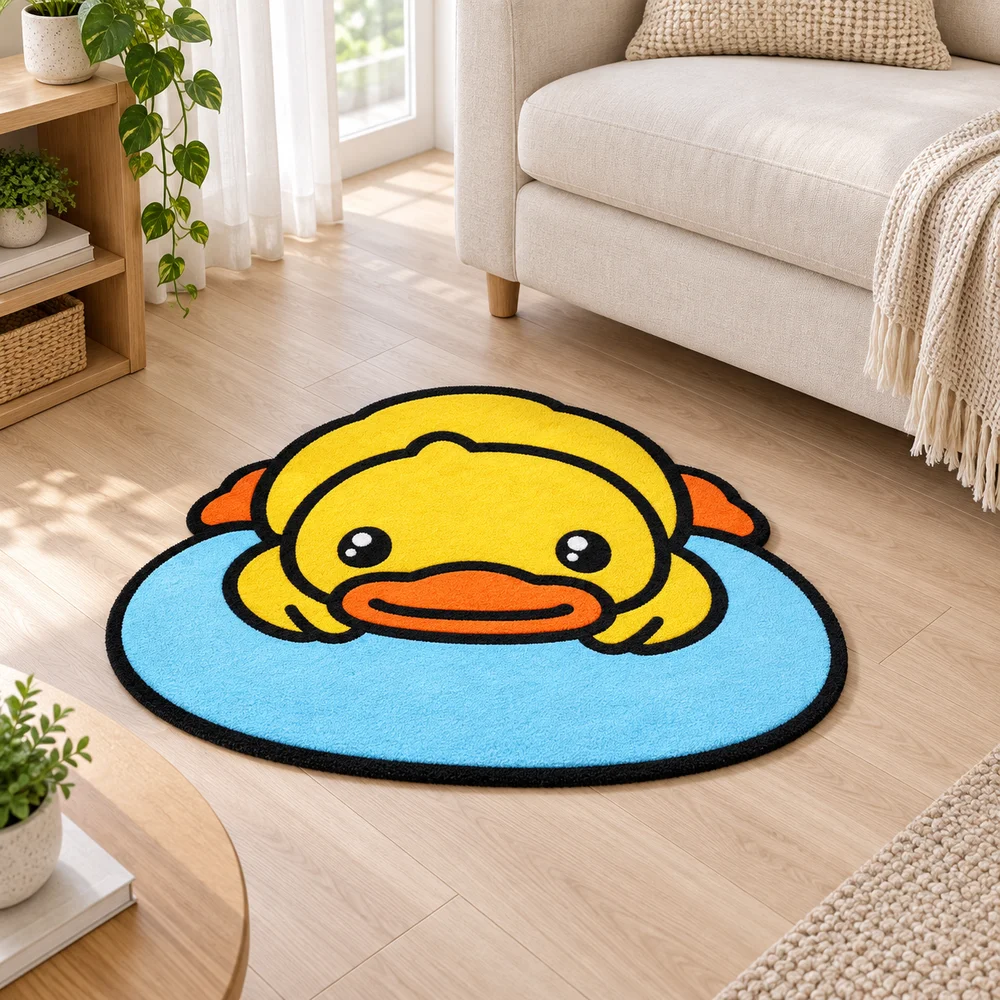 Cute Yellow Duck Irregular Floor Mat Soft Flannel Non Slip Area Rug Cartoon Animal Door Mat for Bedroom Bathroom Home Decor