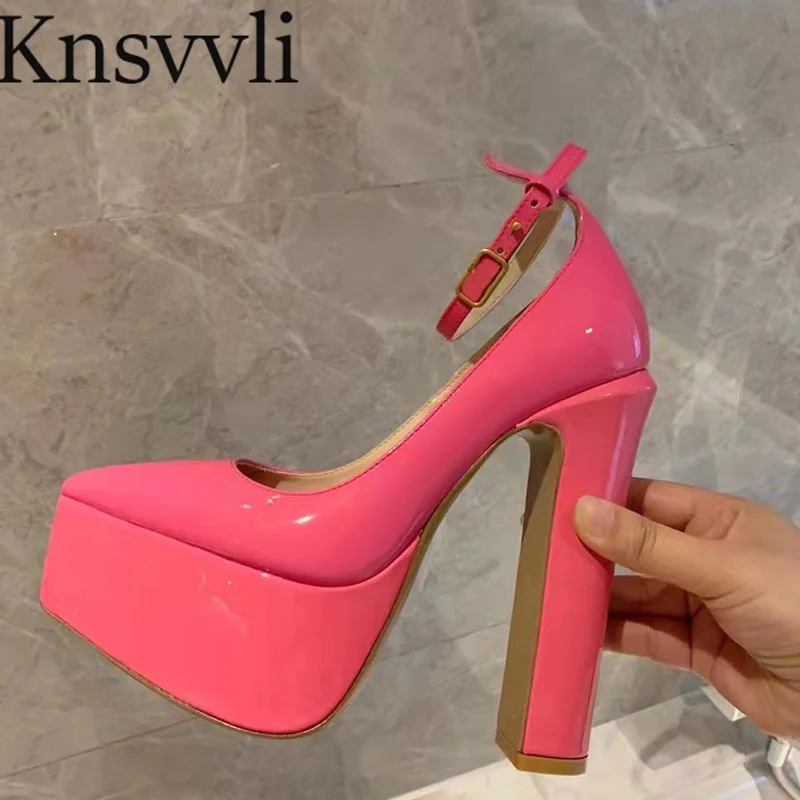

Super High Heels Women Pumps Patent Leather Pointed Toe Runway Shoes Ankle Strap Chunky High Heels Platform Shoes Woman