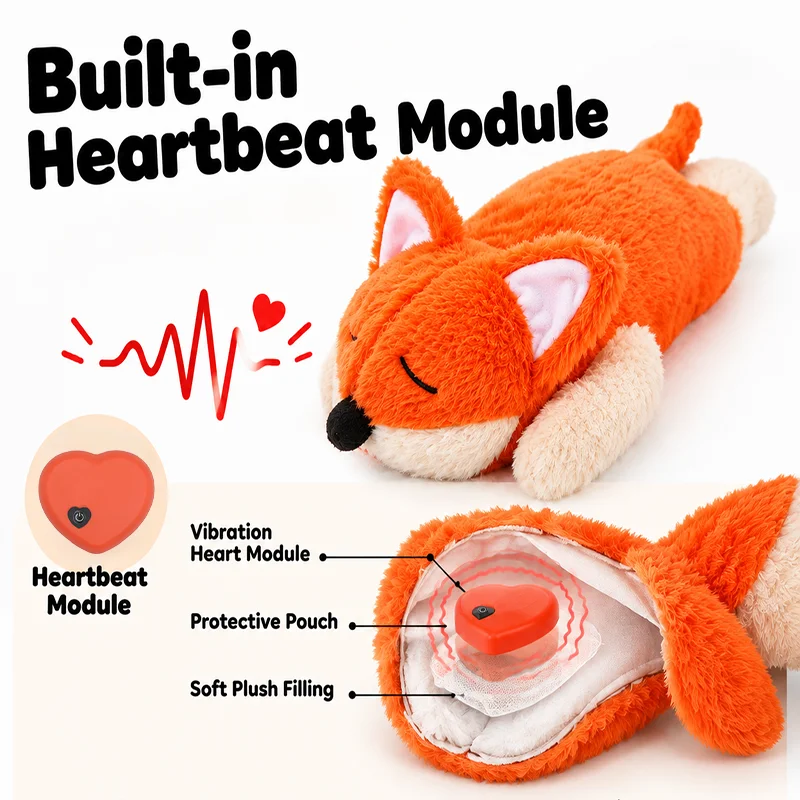 Heartbeat Dog Toy Plush Fox Vibrating Comfort Toy for Puppies and Senior Dogs Soothing Companion Cuddle Toy