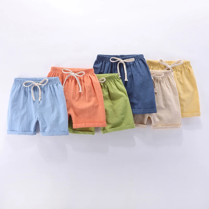 Pantalones cortos de verano para niños y niñas, Shorts de playa informales de Color caramelo, algodón y lino, transpirables y suaves, 100-160cm