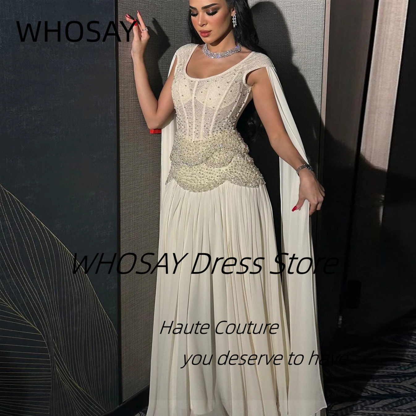 WHOSAY Scoop Neck abiti da ballo Sexy con maniche svolazzanti abito da sera per feste di compleanno con perline abiti in Chiffon per occasioni