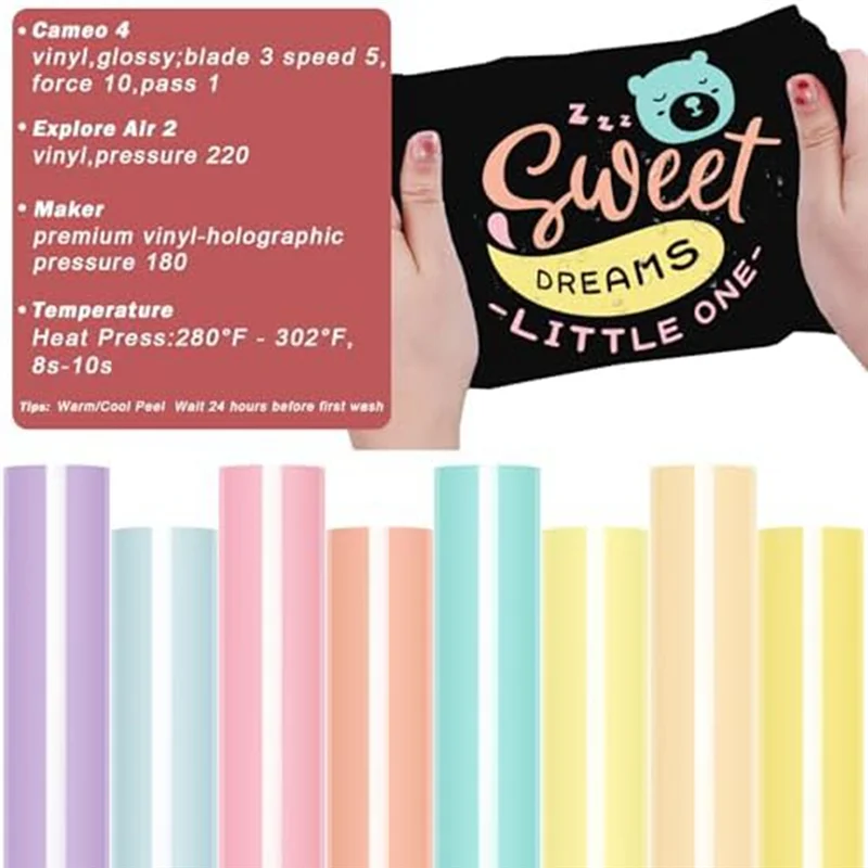 AA94-Pastel Iron-On Vinyl Bohemian Heat Transfer Vinyl Set 8 Pastel Htvs For T-Shirts, Apparel, Easy To Cut & Weed