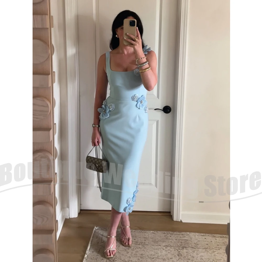 

Chic 3D Flowers Evening Dresses Square Collar Straight Prom Gowns Fashion Appliques Tea Length Women Wedding Party Dresses