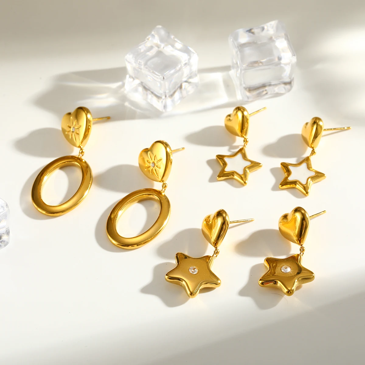 

18K Gold Plated Pentagram Heart Stud Earrings with Zirconia Inlay Stainless Steel Drop Earrings Jewelry Gift for Valentine's Day