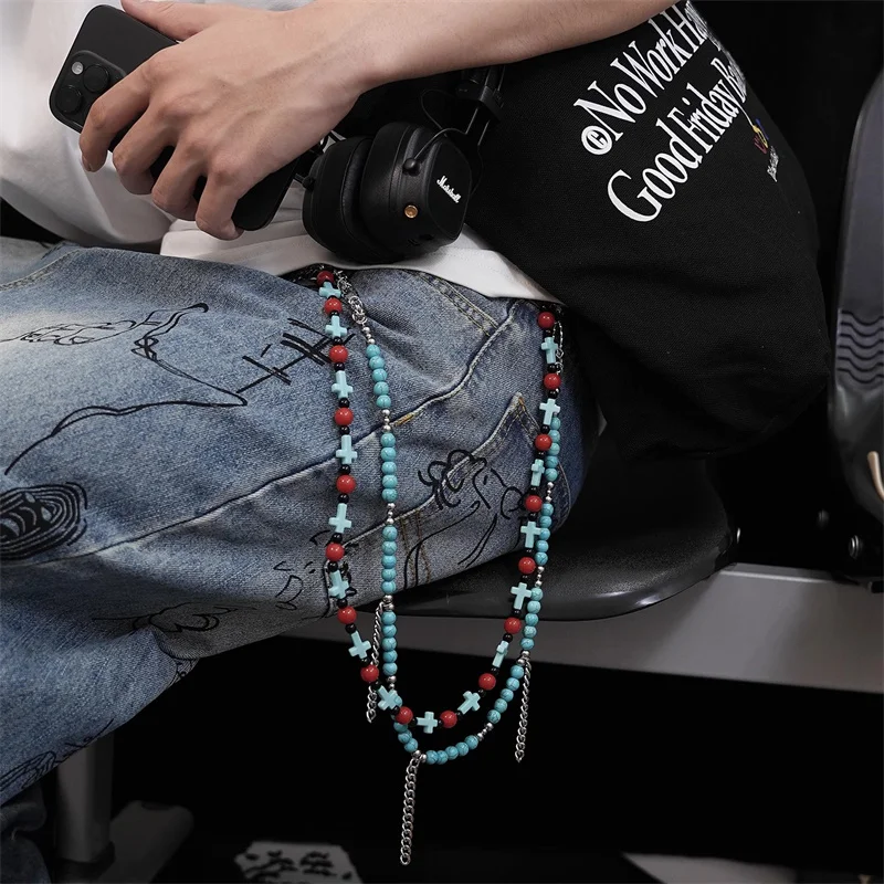 

Японская мода, винтажная модная бирюзовая круглая цепочка с бусинами и крестом, кисточками, цепочка для брюк в стиле панк, аксессуары для джинсов в стиле хип-хоп
