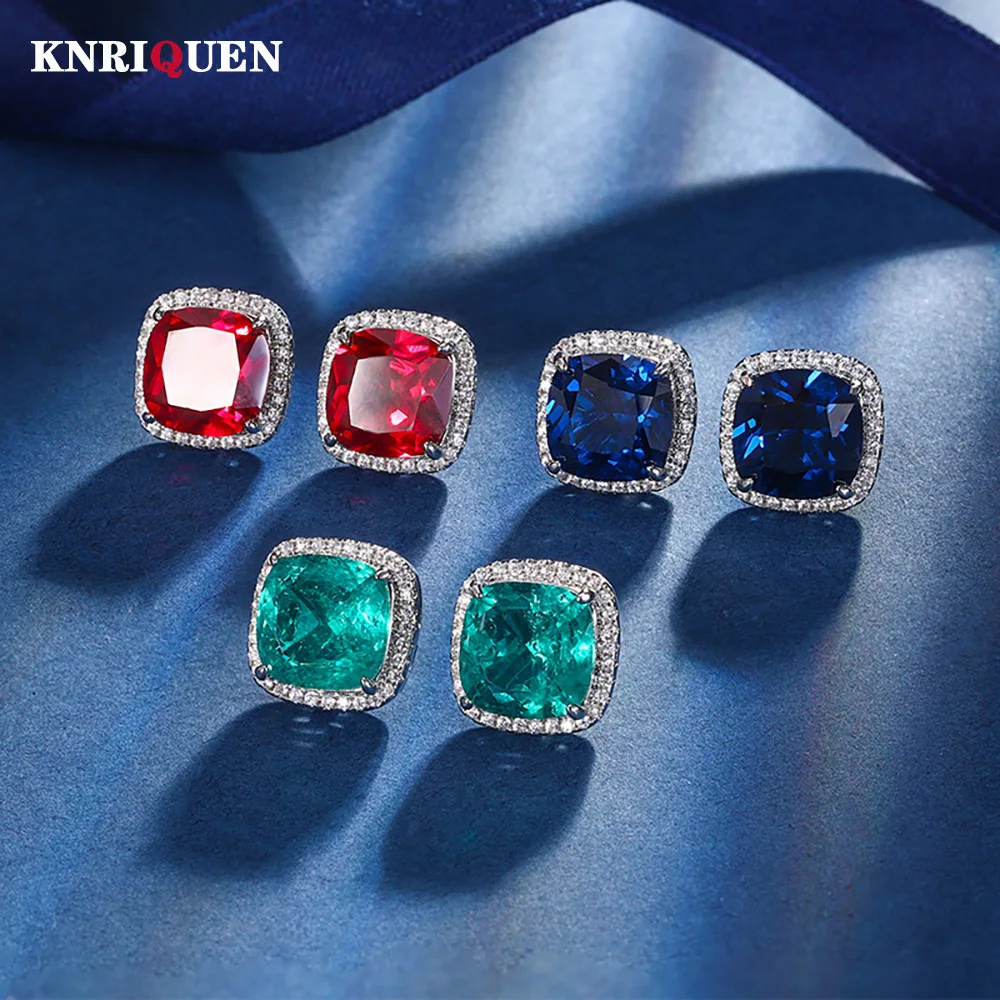 

Vintage Square 10*10mm Ruby Sapphire Emerald Stud Earrings for Women Lab Gemstone Personality Fine Jewelry Statement Wholesale