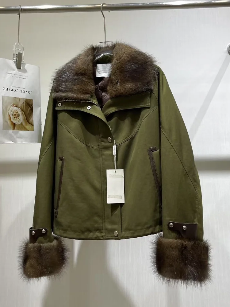 2025 inverno quente mulheres ganso para baixo jaquetas natural real muskrat gola de pele manguito feminino outwear casacos puffer jaquetas