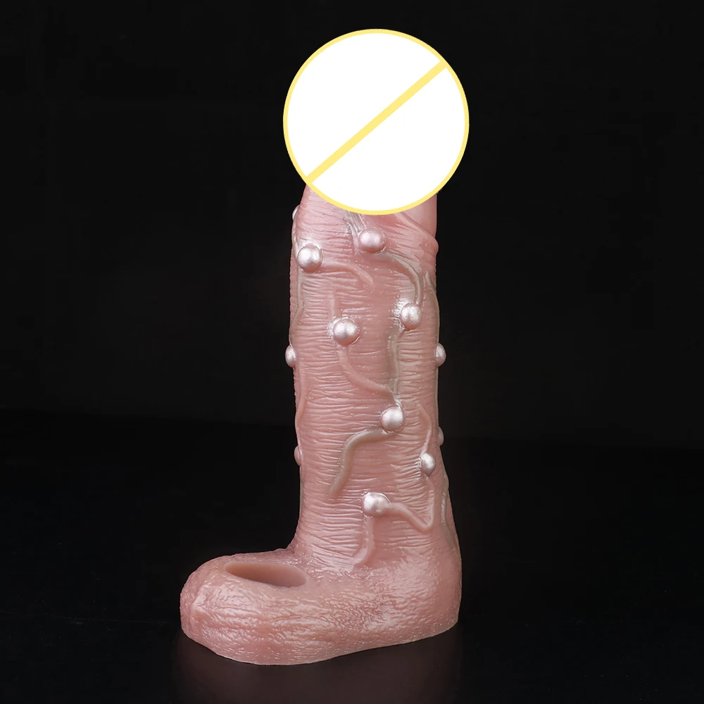 8.46in reusable male penis enlargement sleeve, penis sleeve with veins and pearl knot, sperm locking ring to delay ejaculation